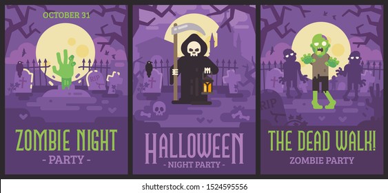 Three Halloween posters with graveyard scenes. Halloween flyers with zombies and Grim Reaper