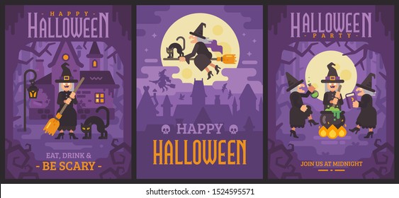 Three Halloween posters with old witches