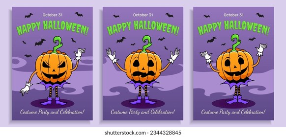 Three Halloween posters with pumpkin character, Halloween party invitation, greeting, All Saints Day holiday
