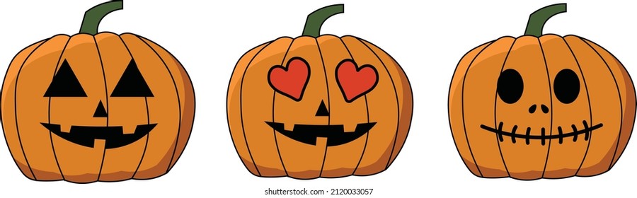 Three Halloween pumpkin faces illustrated with smiling pumpkin, heart eye pumpkin and neutral pumpkin.