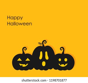 Three Halloween pumpkin lanterns on orange background. Happy Halloween greeting card.