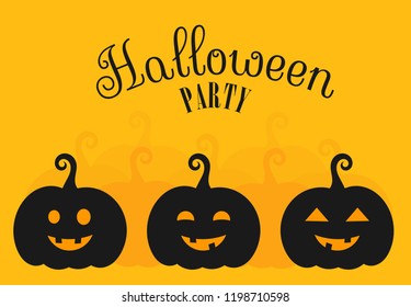 Three Halloween pumpkin lanterns on orange background. Halloween party invitation card.