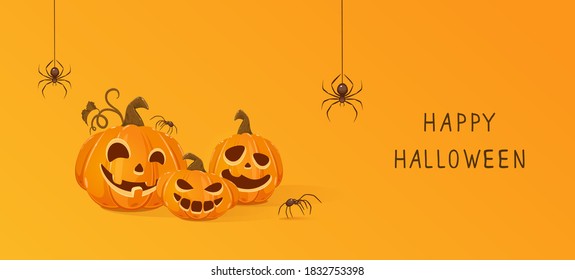 Three Halloween pumpkins and black spiders on orange background. Jack O' Lantern with scary smiles. Halloween theme. Illustration can be used for children's holiday design, cards, banners