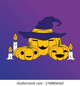 Three halloween pumpkins with candles