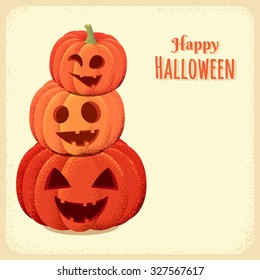 Three Halloween pumpkins card. Retro vector illustration