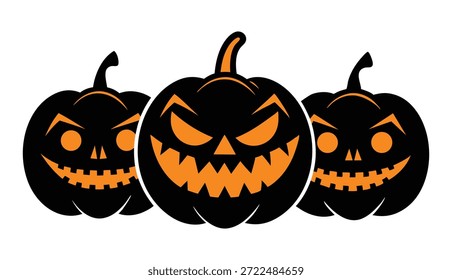 Tres calabazas de Halloween con caras talladas en naranja y negro, linternas de jack o'