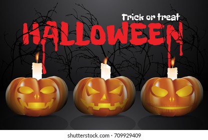 Three halloween pumpkins in dark night with candles and decorated with silhouette of dry twigs and halloween wording. Vector illustration for Halloween festival.