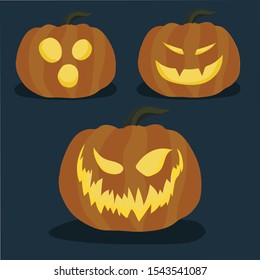 three halloween pumpkins with different expressions, using vector style