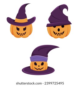 Tres calabazas de Halloween con sombreros de brujas.