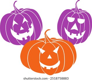 Three Halloween Pumpkins Illustration. Funny and Creepy Design for Autumn Backgrounds. Spooky Graphic. Angry Jack O Lantern with Evil Eyes, ideal for Trick or Treat Celebrations, 31 October Parties