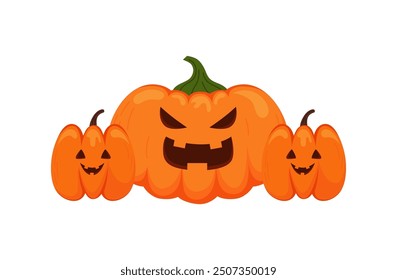 Three Halloween pumpkins isolated on white background. Colorful spooky jack o lantern vector illustration