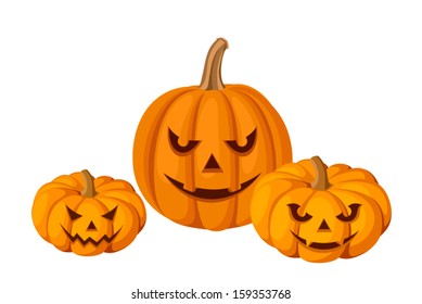 Three Halloween pumpkins (Jack-O-Lanterns). Vector illustration.