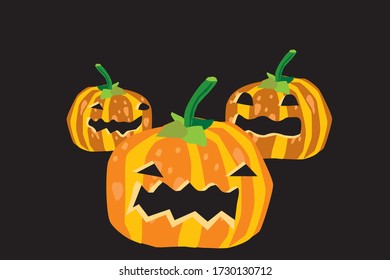 three halloween pumpkins on a black background