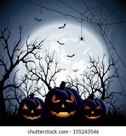 Three Halloween pumpkins on Moon background, illustration.