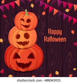 Three Halloween pumpkins with party flags, various autumn leaves and wooden texture. Retro vector illustration. Place for your text. Design for poster, invitation, card, banner, flyer