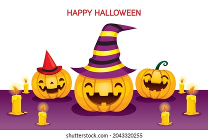 Three Halloween Pumpkins Wearing Hat Surrounded By Candles