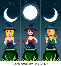 Three Halloween theme banners with sexy witch using cauldron to prepare magic spell potions under the moon