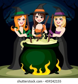 Three Halloween witches cooking potion brew in cauldron together