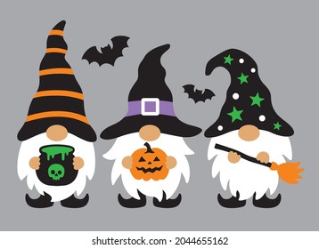 Three Halloween wizard gnomes holding a pumpkin, poison pot, and broomstick vector illustration.