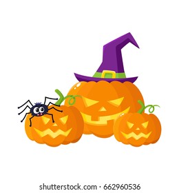 Three Hallowing jack o lanterns, pumpkins, big and small, in pointed witch hat, cartoon vector illustration isolated on white background. Three Halloween pumpkin, jack o lantern in pointed wizard hat