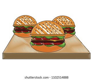 three hamburgers fast food on wooden