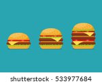Three hamburgers set. From simple hamburger to double and triple cheeseburger with tomato