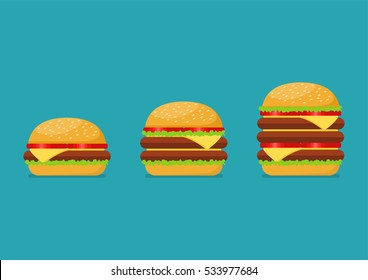 Three hamburgers set. From simple hamburger to double and triple cheeseburger with tomato