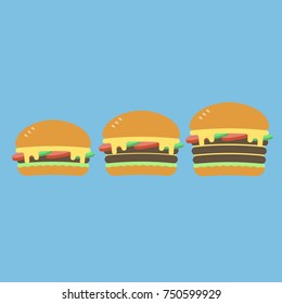 Three hamburgers set. Vector illustration.