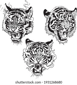 Three hand drawn angry tigers