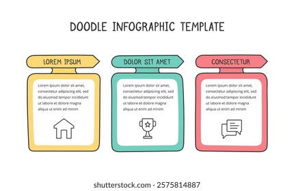 Three hand drawn arrows with frames for text, doodle infographics, vector eps10 illustration