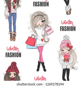 Three hand drawn beautiful cute winter girls. Seamless pattern. Vector illustration.