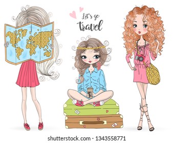 Three hand drawn beautiful cute travel girls. Vector illustration.