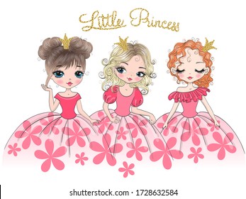 Three hand drawn beautiful, cute little princess girls. Vector illustration.