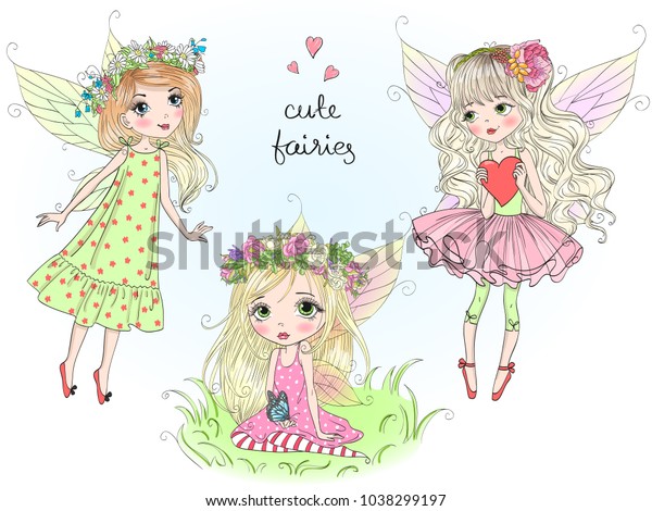 三人の手が蝶の羽を持つ かわいい小さな妖精の女の子たちを描いた