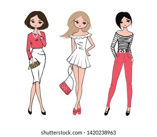 Three Hand drawn beautiful fashion girls. Elegant brown hair girl, romantic blonde and bold brunette. Vector illustration.