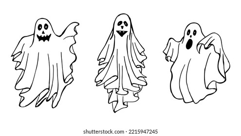 Three hand drawn black outlines ghost. Halloween spooky cartoon ghost vector sketch illustration.