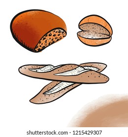 Three hand drawn breads. Black vector outlines and colored fills.