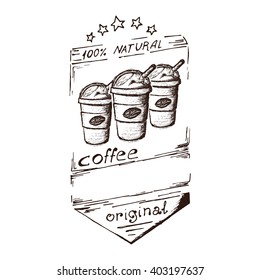 Three Hand Drawn Coffee Frappe Vector Illustration. Three Coffee Frappe Vintage Logo.