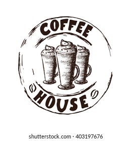 Three Hand Drawn Coffee Mocha Vector Illustration. Three Coffee Mocha Vintage Logo.