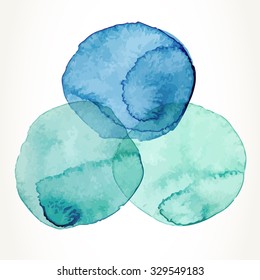 Three hand drawn colorful sea blue and green watercolor circles, isolated over white.