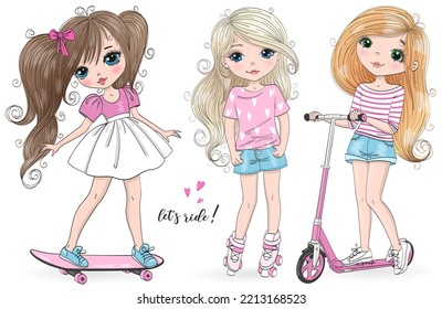 Three hand drawn cute girls with pink kick scooter, skateboard and roller skates. Vector illustration. - Shutterstock ID 2213168523