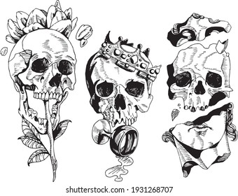 Three hand drawn dark skulls