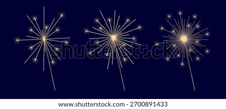Three hand drawn flat sparkle, bengal fire, light, sparkler, glow, firework. Decorative holiday, New Year minimal element, Christmas decor. Isolated vector illustration on blue background EPS10