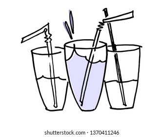 Three hand drawn glasses of water with drinking straws. A concept of being above average level