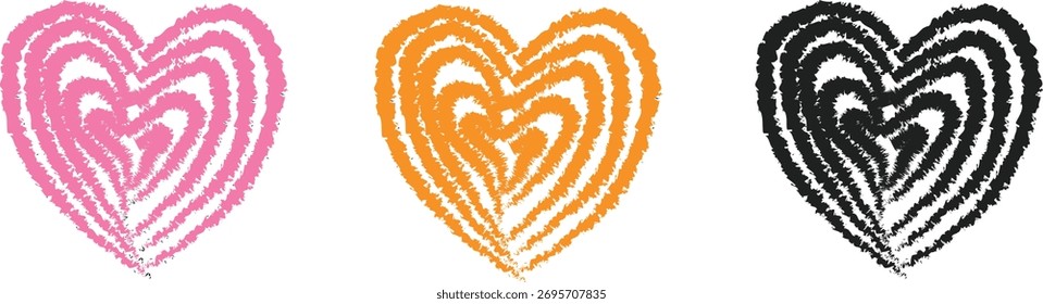 Tres corazones dibujados a mano en azul, rojo y amarillo con textura de crayón de Vertical sobre fondo blanco