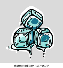 Three hand drawn ice cubes. Vector illustration in doodle style.
