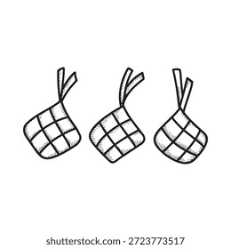 Três ilustrações de ketupat desenhadas à mão bolos de arroz tradicionais com um design tecido