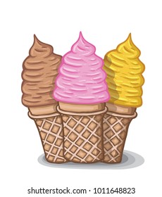 Three hand drawn and painted Cream cornet´s, vector illustration.
