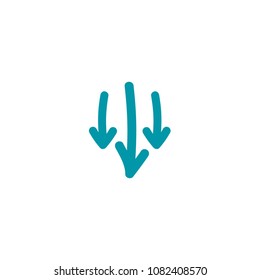 three hand drawn shabby blue arrows down icon. download sign. Fall, decrease symbol  isolated on white. Vector flat button.