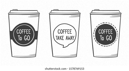Three hand drawn take away coffee cups, doodle style, vector eps10 illustration